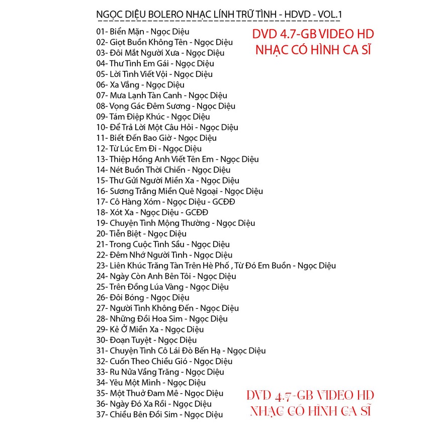 DVD VIDEO NGỌC DIỆU GIỌT BUỒN KHÔNG TÊN 37 BÀI HÁT
