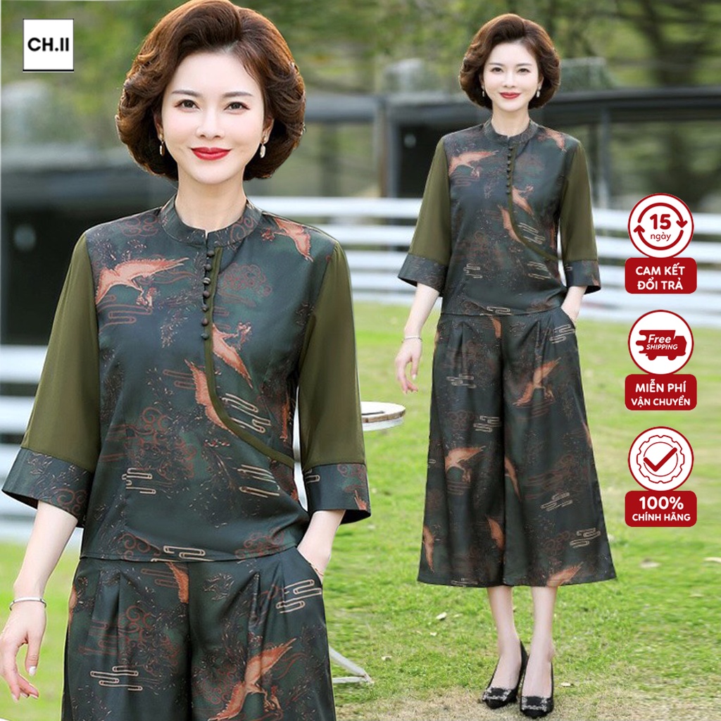Bộ đồ trung niên tặng mẹ cao cấp lụa Vạn Phúc Hà Đông tôn da tôn dáng phom rộng bigsize (hàng đẹp) mã LNT02