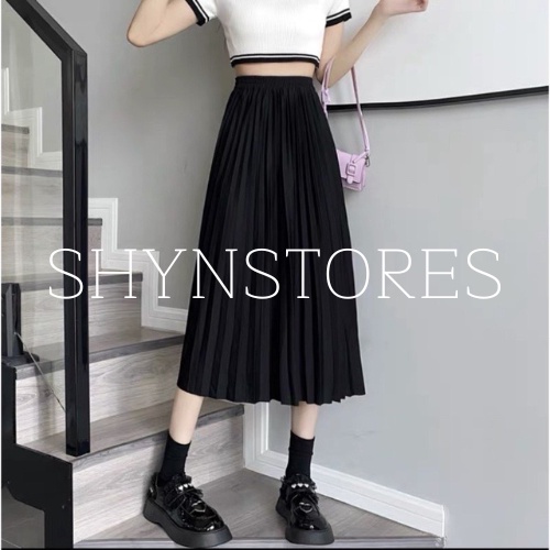 Shynstores Chân váy xếp li nữ cạp chun dáng dài midi màu đen