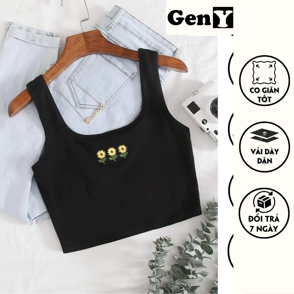 Áo hai dây bản to cổ U thêu Hoa Hướng Dương GenY, Áo croptop nữ 2 dây basic dễ thương chất borip dày dặn