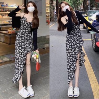 Set đầm hoa hai dây kèm khoác
