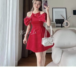 (2HAND) Váy đầm nữ dáng xòe cổ yếm nơ tay xinh xắn chất cotton tôn dáng cho nàng dự tiệc