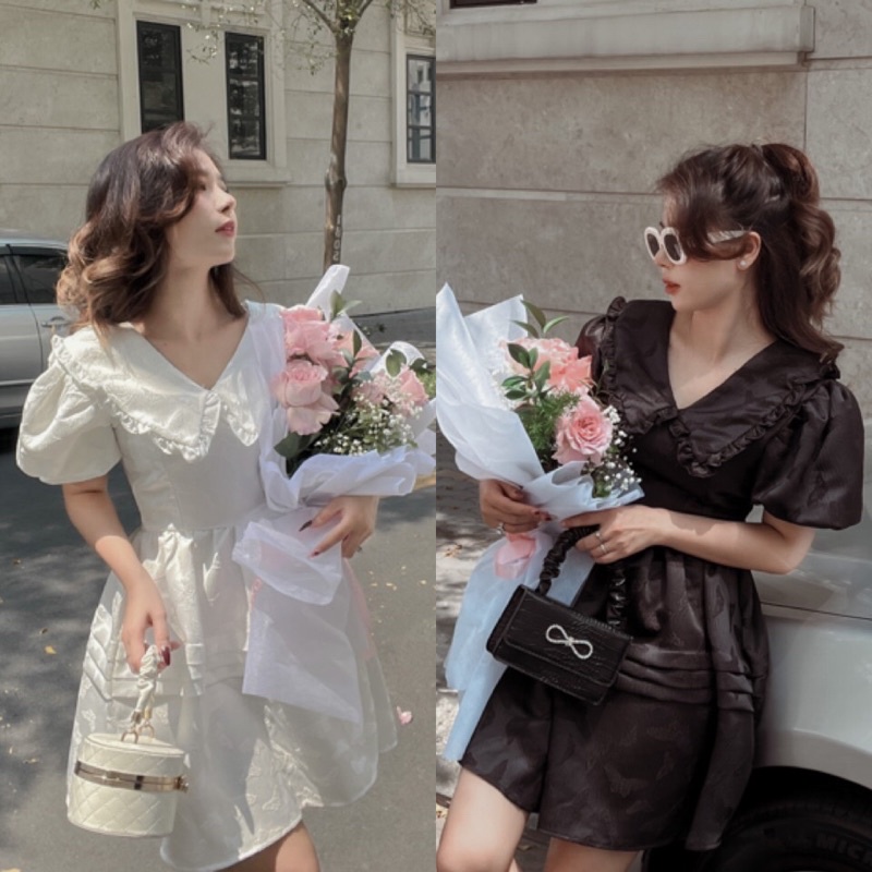 ( Hình Mẫu Của Shop + Dày Loại 1 ) Đầm Váy Gấm Hoa Nổi Tay Bồng To Cổ Bèo Nhọn Siêu Xinh Công Chúa
