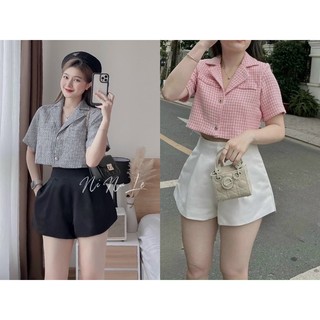 Set crop dạ caro hồng cổ vest short trắng