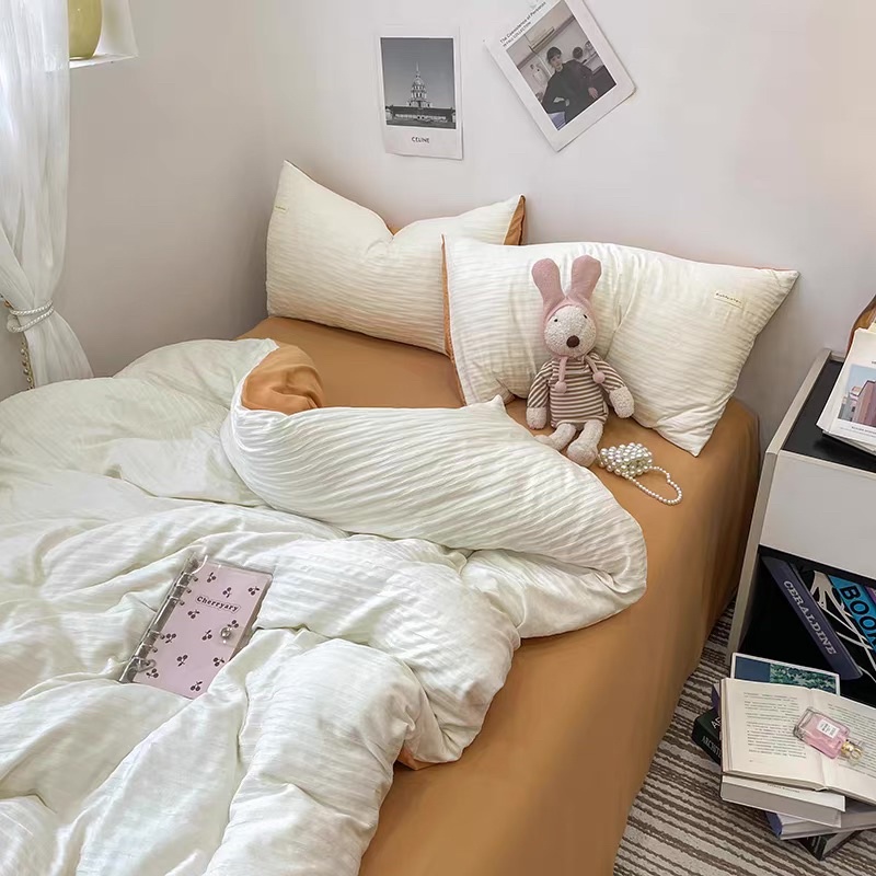 Bộ 4 món ga gối và vỏ chăn Cotton Đũi Dập Sóng năng động trẻ trung