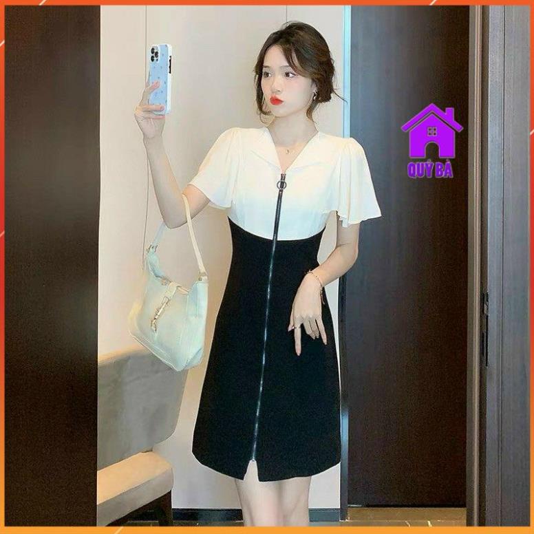 Hàng nhập - Đầm dáng suông thun phối voan tay cánh dơi, váy xuông dây kéo trước cổ V dạo phố
