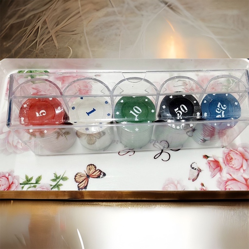Hộp phỉnh Poker 100 chip có số màu sắc tươi sáng hình ành sắc nét có khay nhựa đi kèm