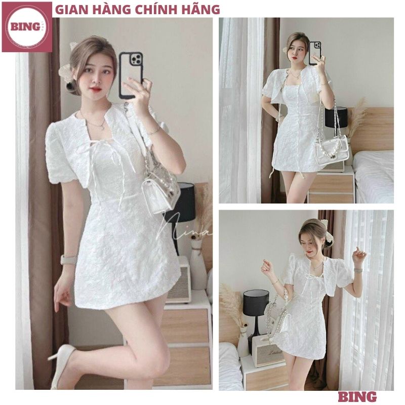 Set váy gấm xốp 2 dây kèm áo khoác ngoài croptop tay bồng, Đầm gấm trắng thiết kê dự tiệc siêu sang chảnh cực hot - BING