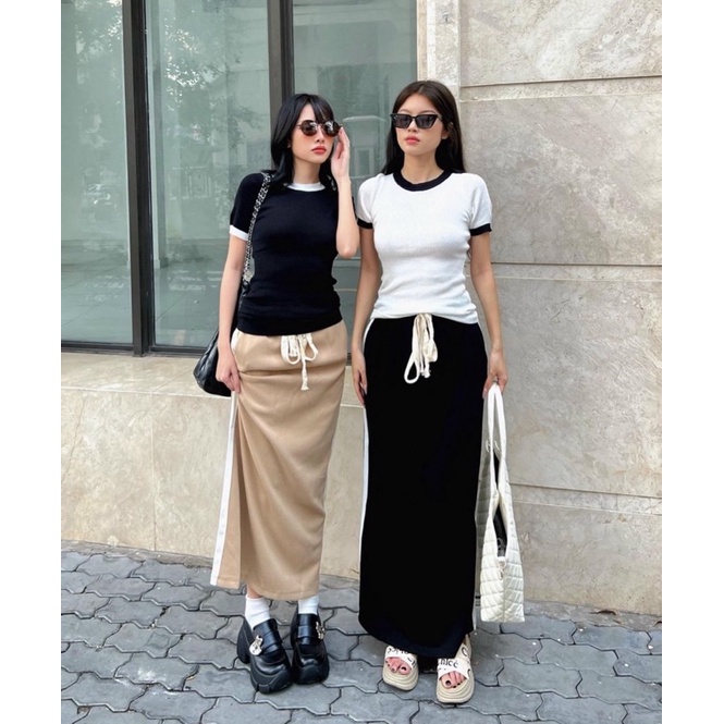SET ÁO TRẮNG ÔM KÈM CHÂN VÁY MAXI ĐEN VIỀN MÀU