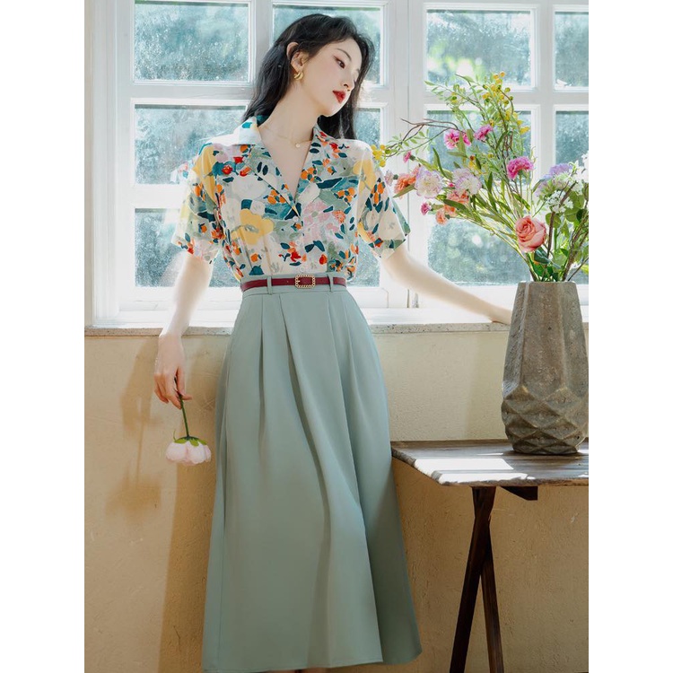 ICHIC - Set S076 họa tiết màu nước chân váy xanh ngọc cực xinh
