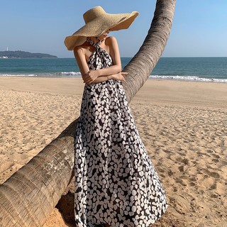 [HÀNG QUẢNG CHÂU]Đầm maxi chéo cổ hở lưng không tay họa tiết trắng đen