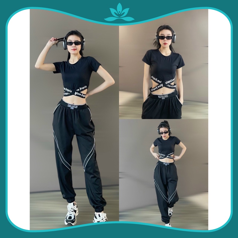 Set bộ tập áo thun dây chéo eo quần jogger chất xi gió tập gym, yoga, zumba, aerobic, dân vũ, nhảy hiphop, đồng phục đội