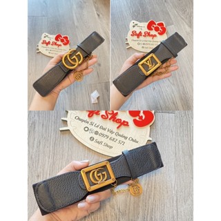 Đai váy dây nịt thắt lưng da phối thun mặt mạ màu vàng