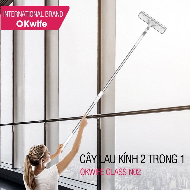 Cây lau kính OKwife Glass N02 chổi lau kính đa năng 2 đầu trong 1, cán thép sơn tĩnh điện nối dài 150cm