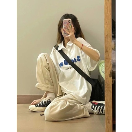 Phông suông cổ bẻ cộc tạy form rộng phong cách trẻ trung hàn quốc