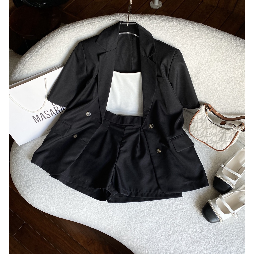 Set đen 3 món cổ vest kèm quần short Hari-Fashion (Mã SR195)