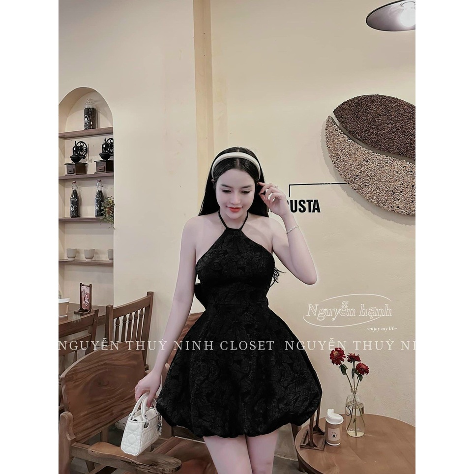 Váy đầm nữ cổ yếm hở lưng quyến dũ họa tiết phối nơ sau eo cực xinh 3 màu tôn da dễ thương đi chơi dự tiệc