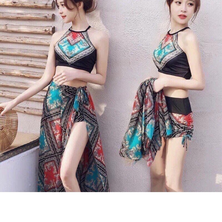 (3 món) Sét bikini tắm biển 3 món có áo choàng ngoài có đệm ngực thiết kế yếm thổ cẩm siêu xinh (SI TUYỂN)