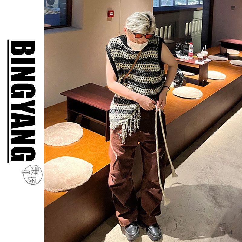 Set Áo Khoác Len Không Tay + Quần Yếm Dây Rút Phong Cách Retro Cho Nam Nữ