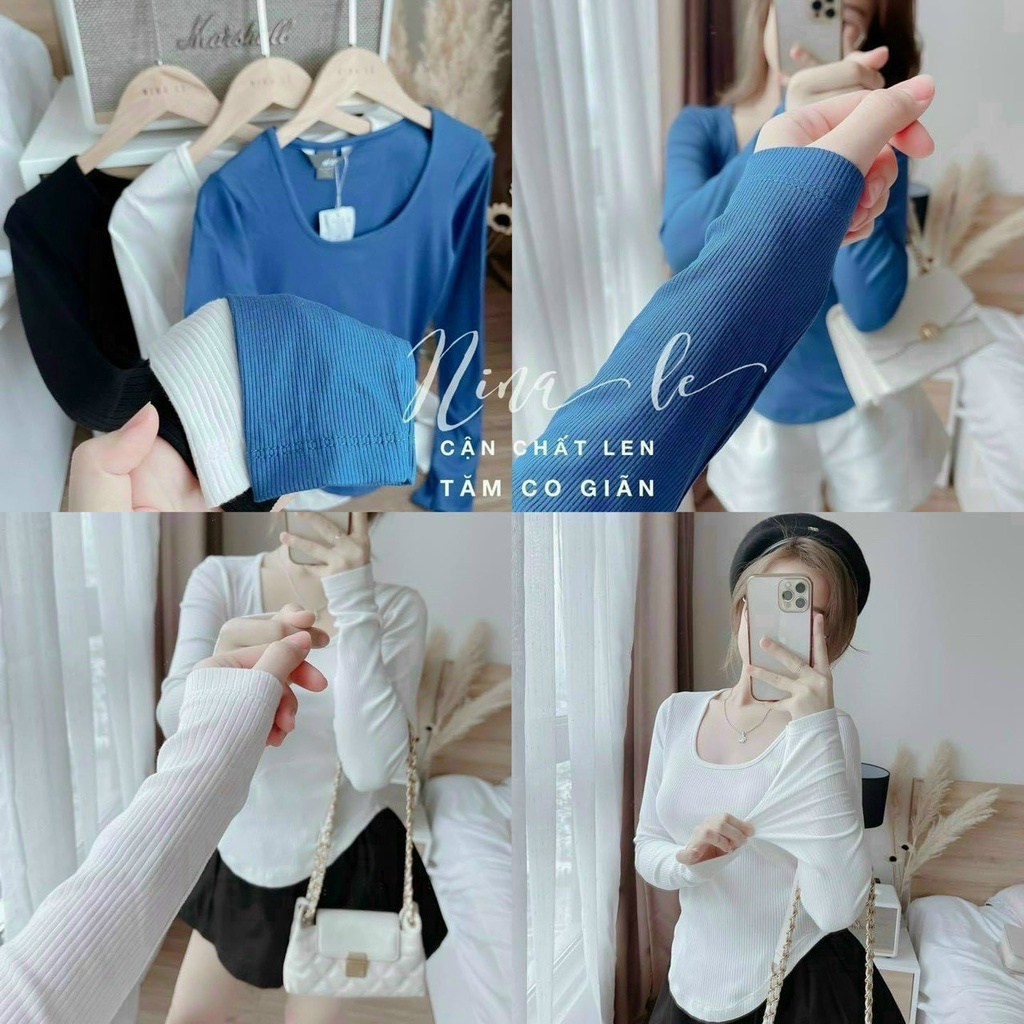 Áo thun body dài tay cổ vuông vạt bầu chất thun gân