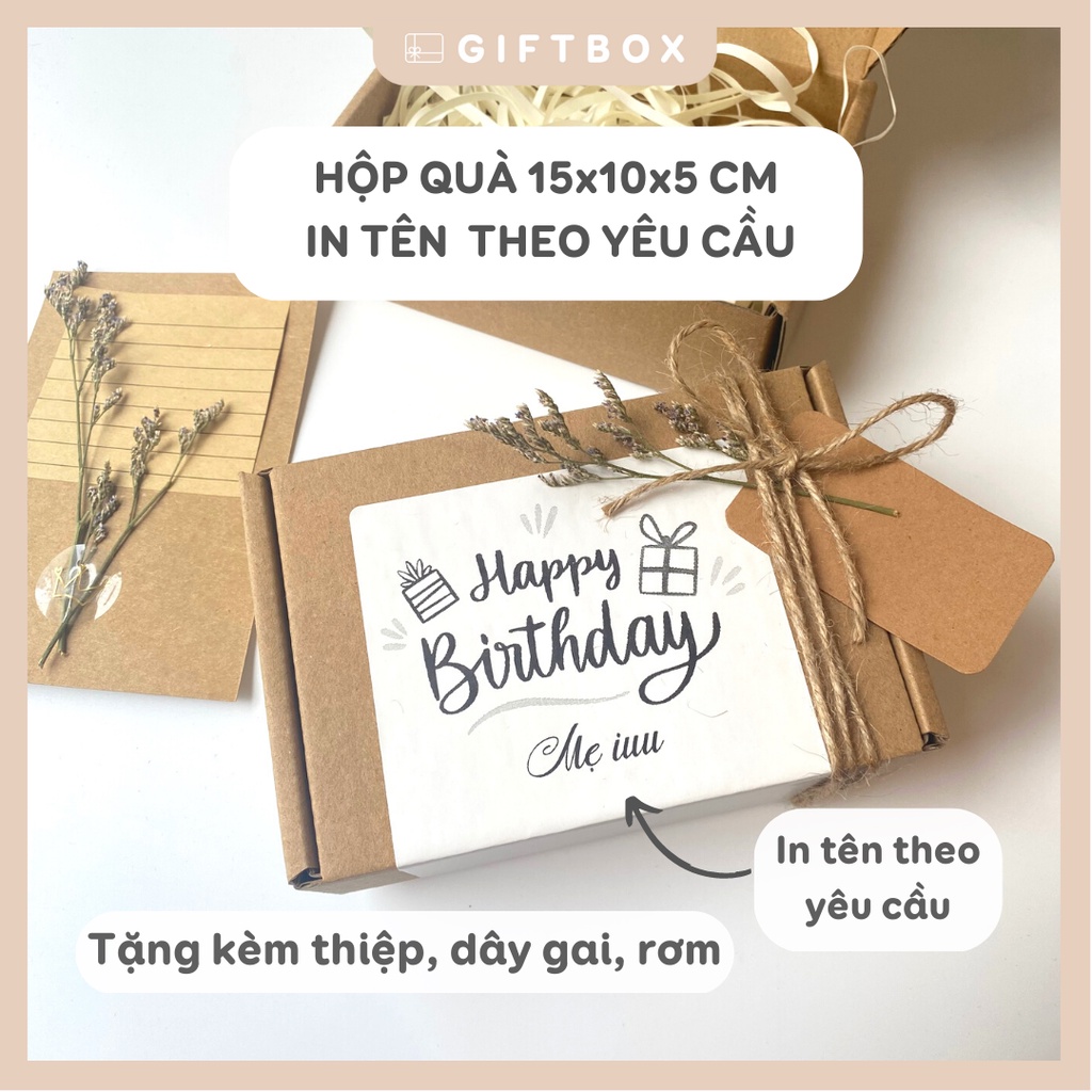 Hộp đựng quà IN TÊN THEO YÊU CẦU 15x10x5 cm tặng kèm thiệp rơm hộp quà tặng sinh nhật quà quốc tế phụ nữ 8/3 kraft
