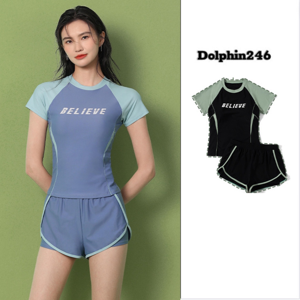 Đồ bơi nữ bikini 2 mảnh ngắn tay quần đùi dáng phong cách thể thao kín đáo quần cạp cao che bụng có mút ngực 6890 C-7