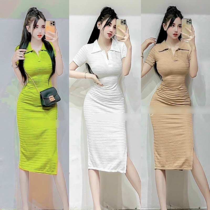 Đầm ôm xuông body dáng dài cổ bẻ xẻ tà sexy đi chơi dạo phố