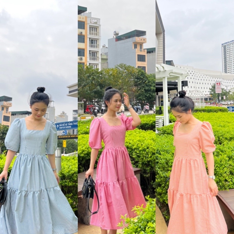 (100% ẢNH THẬT) Váy kẻ caro suông dáng dài chất cotton thô form dáng rộng cực xinh