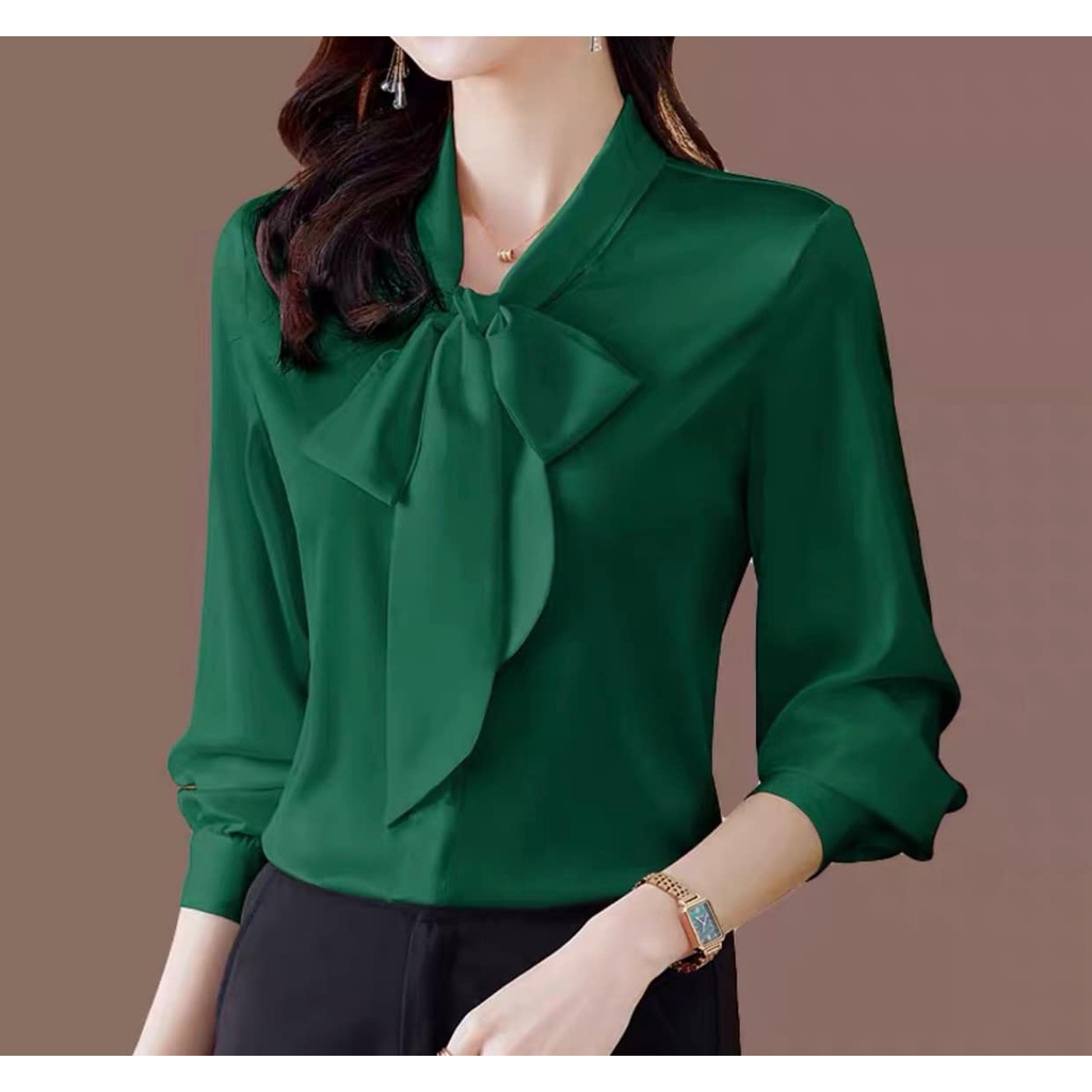 Áo Sơ Mi trung niên nữ HT official,Áo Sơ Mi Nữ Đẹp Tay Dài Cổ Thắt Nơ Chất Lụa Cao Cấp