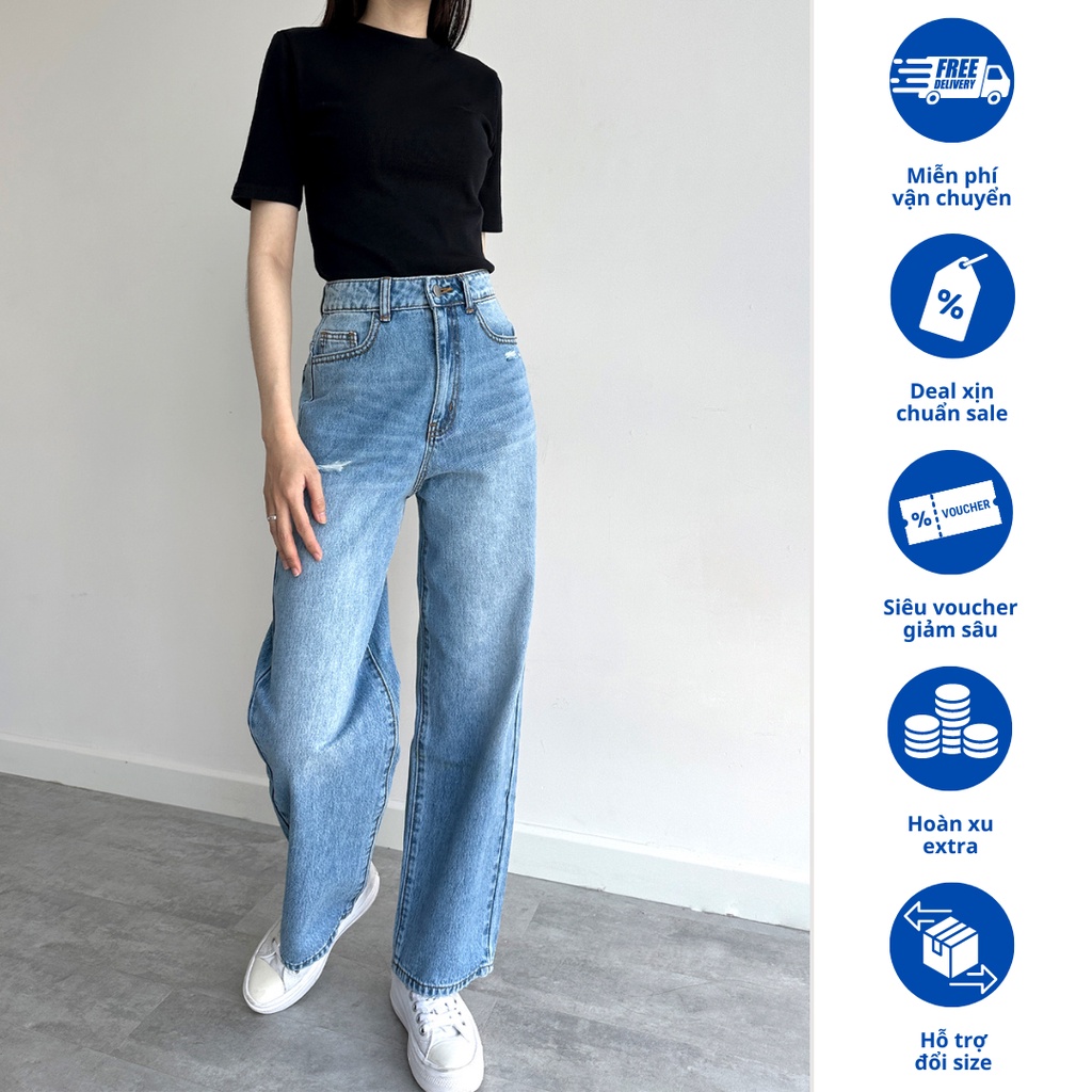 Quần Jeans Nữ Lưng Cao Phom Ống Suông Dáng Rộng Wash Rách Thời Trang (LR-02)