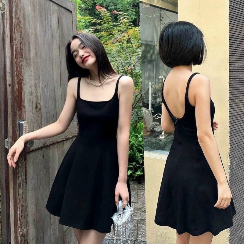 Đầm body ngắn 2 dây dáng xòe đầm body hở lưng tôn dáng váy ôm body 2 dây basic thun gân