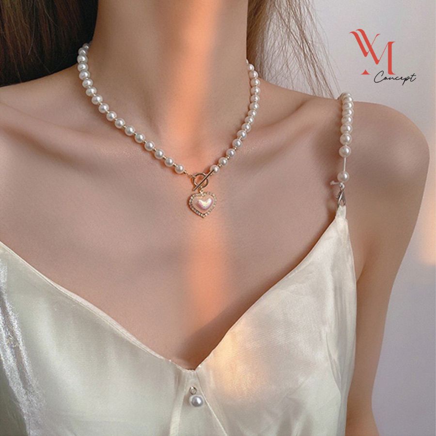 YM Concept Vòng Cổ Ngọc Trai Nhân Tạo Mặt Hình Trái Tim - PK0053