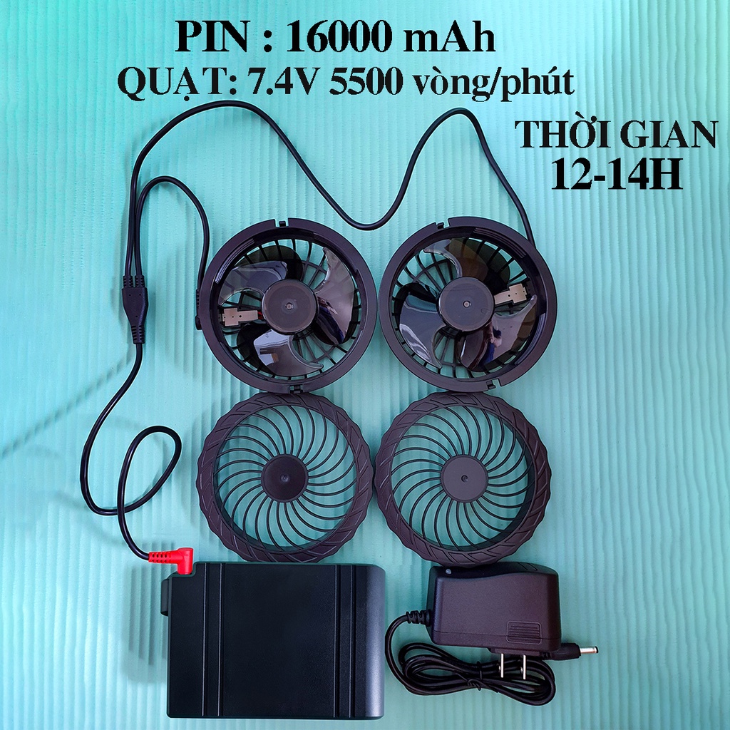 Áo quạt điều hòa Pin 16000 mAH, quạt 7.4V tốc độ quay 5500V/phút, sạc , dây nối