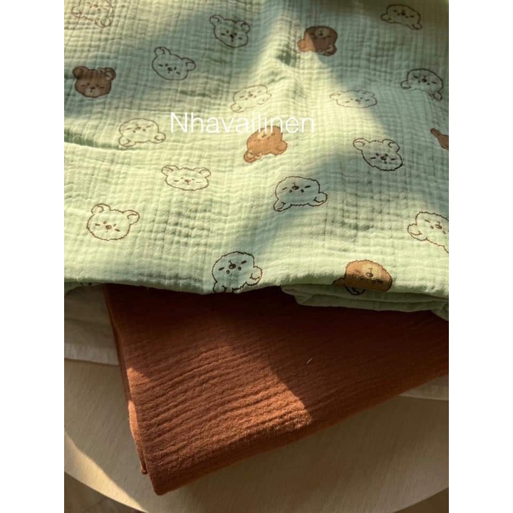 Vải Muslin Họa Tiết Gấu Xanh Mint Nhà Vải Linen Thoáng Mát Mềm Mịn Bền Đẹp Phù Hợp Cho Nhiều Độ Tuổi