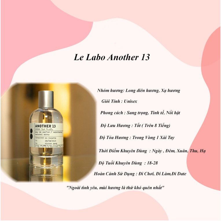 Tinh dầu thơm nam nữ Lelabo Another 13 nước hoa unisex lọ chiết 10ml thơm lâu cho mọi tín đồ sành nước hoa LLB13