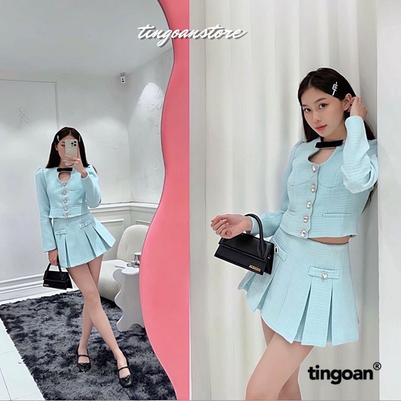 TINGOAN® - Chân váy cạp thường xếp ly tweed xanh đính cúc đá BABY DIAMOND SKIRT/BLUE