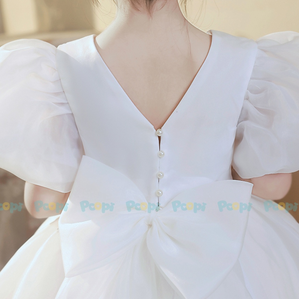 Váy Công Chúa Bé Gái Poopi Màu Trắng Dịu Đính Nơ Lưng, Đầm Dự Tiệc Cho Bé Gái