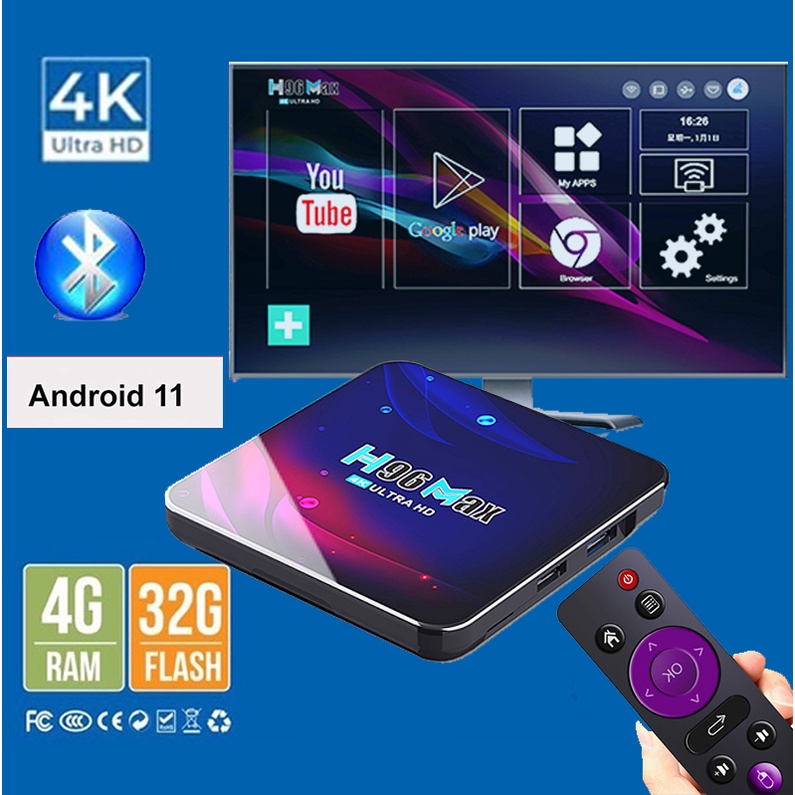 🔥TV BOX ANDROID 11.0🔥 Ram 4G Rom 32G H96maxV11 android tv box 4K chuyển đổi TV thông minh xem Netflix Youtube