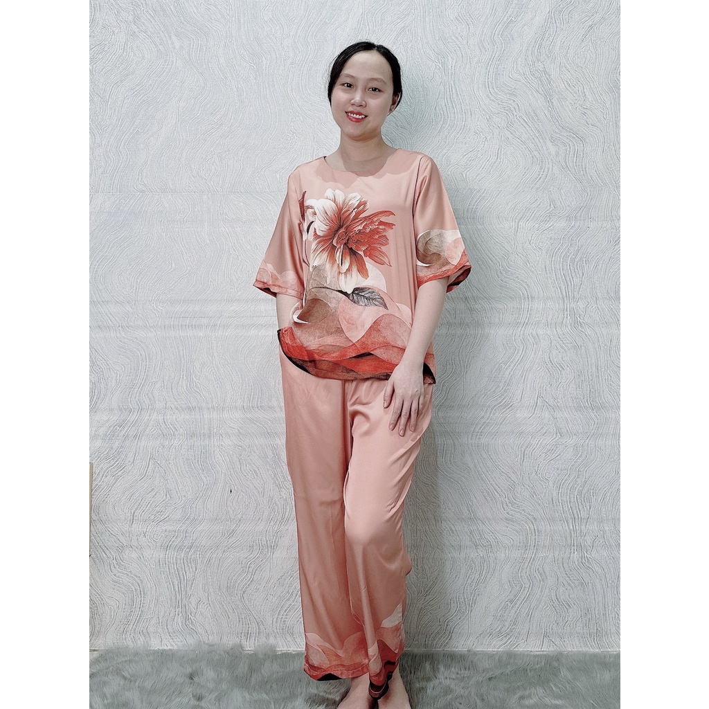 Đồ bộ mặc nhà trung niên lụa tơ tằm cao cấp, quần ống suông, dài 9 tấc, đồ mặc nhà trung niên size lớn từ 50 - 75 kg A10