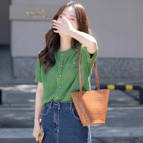 Áo dệt kim tay ngắn dáng rộng phong cách retro thời trang dành cho nữ