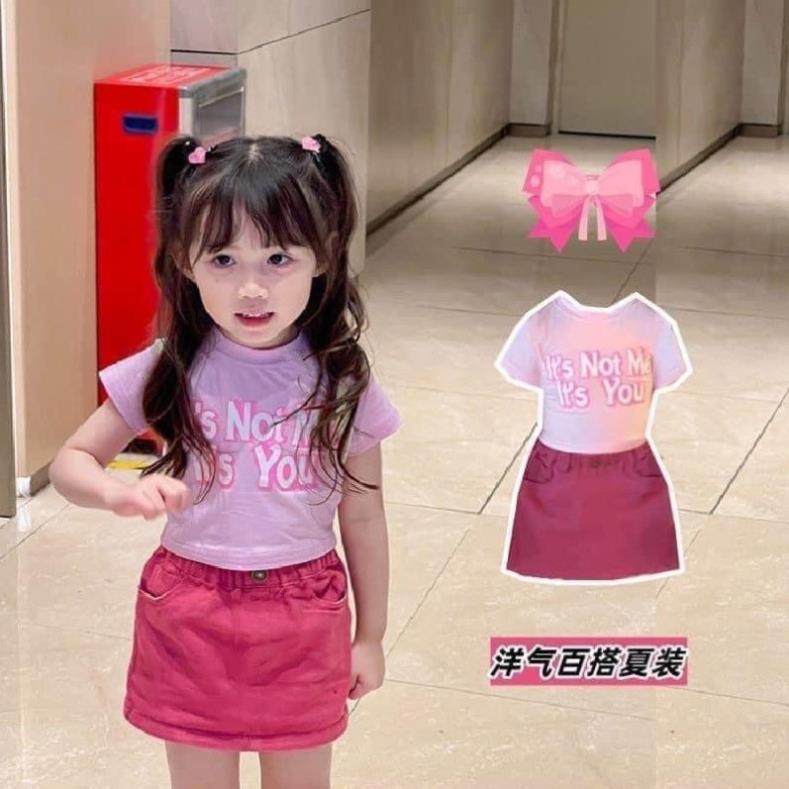 set áo cotton kèm chân váy bò màu Hồng cho bé