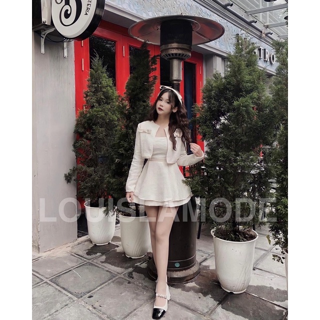 Set váy 2 dây dạ dự tiệc đính nơ bồng bềnh sang trọng, set đầm xòe 2 tầng tiểu thư cao cấp hàng thiết kế