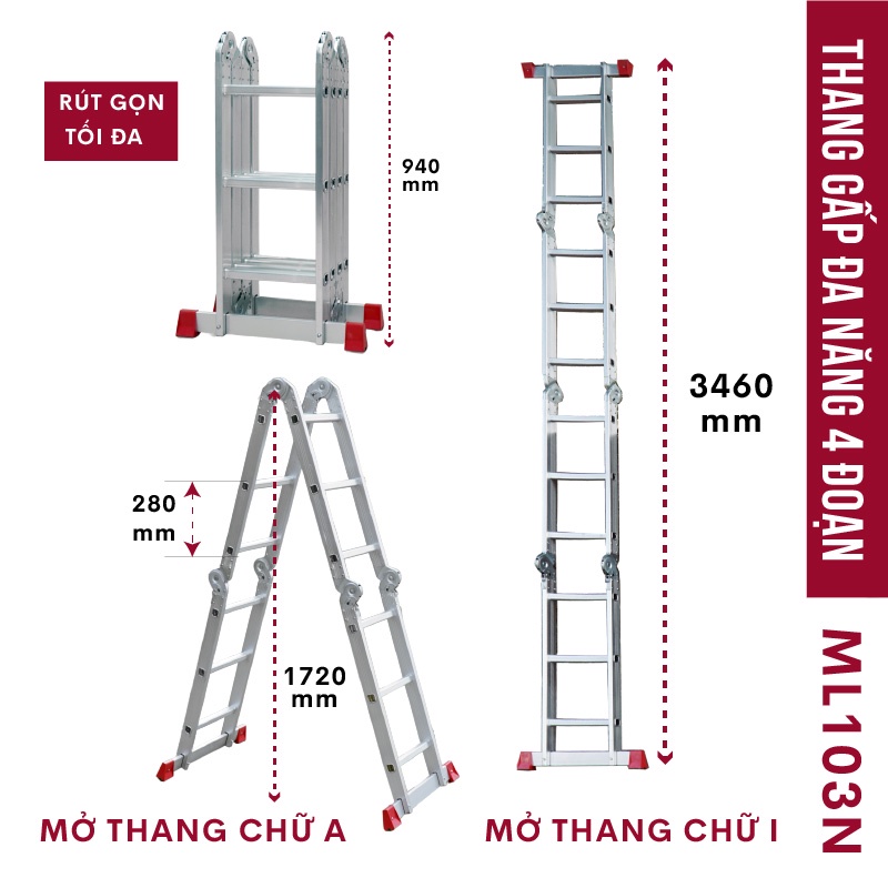 Thang gấp 4 đoạn Nhập Khẩu 3,4m - 4,4m siêu đa năng thương hiệu Fujihome