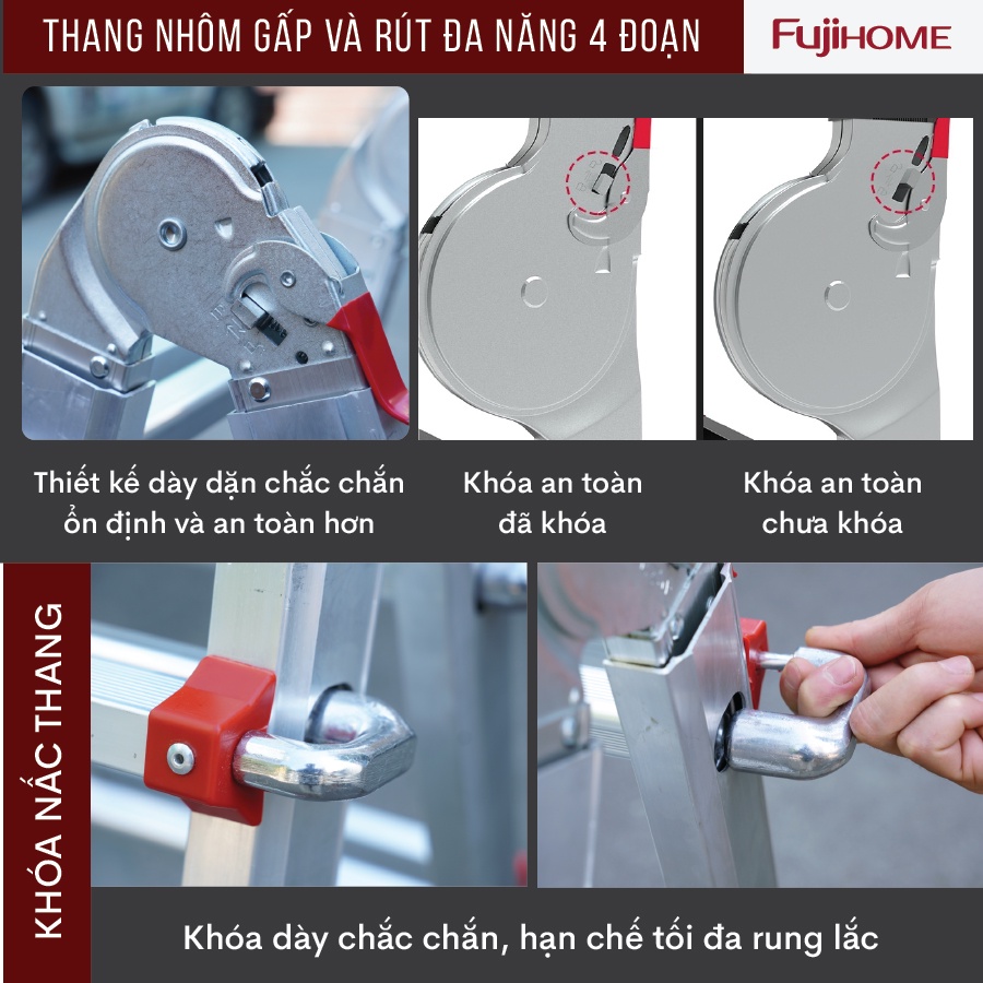 Thang nhôm gấp và rút đa năng 4 đoạn FUJIHOME ML44 cao tối đa 4m - Xếp nhiều hình dáng - Bảo hành điện tử toàn quốc