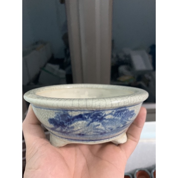 Chậu bonsai mini miệng tròn gốm bát tràng men rạn