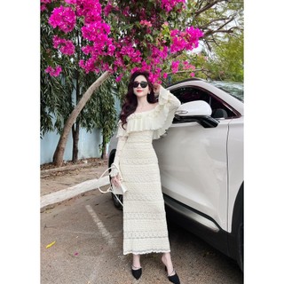 ĐẦM MIDI TRẮNG REN XÔ HOA TRỄ VAI TẦNG TAY LOE ANGI HOME