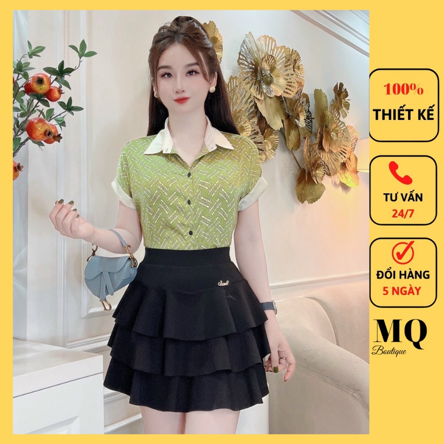 Áo sơ mi cộc lụa nữ cao cấp công sở tay và cổ phối họa tiết nhiều màu thanh lịch, áo sơ mi họa tiết thiết kế MQ Boutique