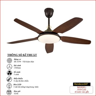 Quạt Trần Trang Trí Phòng Khách QT810 Dendecor247, Động Cơ DC Inverter Tiết Kiệm, Điều Khiển 6 Số,Đèn Led 3 Màu Ánh Sáng