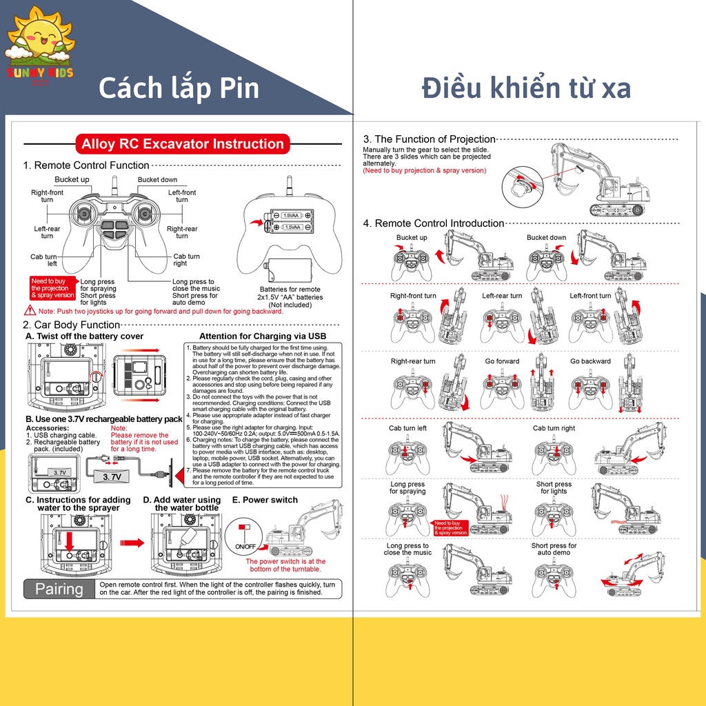 Máy xúc điều khiển từ xa cao cấp, 12 kênh, dài 42cm, phun khói, chiếu hình, điều khiển cử chỉ đeo tay - Sunny Kids