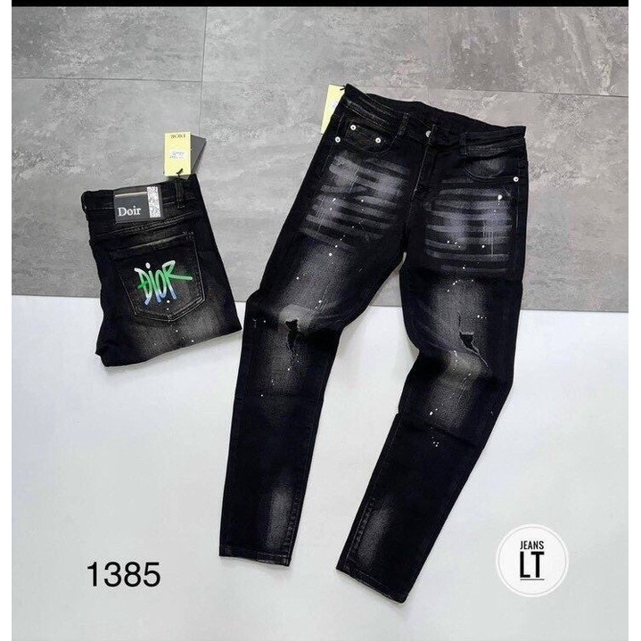 Quần Jean Nam Màu đen kiểu rách vẩy sơn in hoạ tiết chất vải denim, Quần bò nam ống côn nam đẹp SOLOShop ms1385